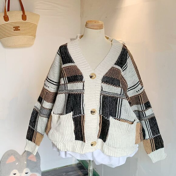 Boutique Sweaters - Patchwork Knit Cardigan Geometric Sweater